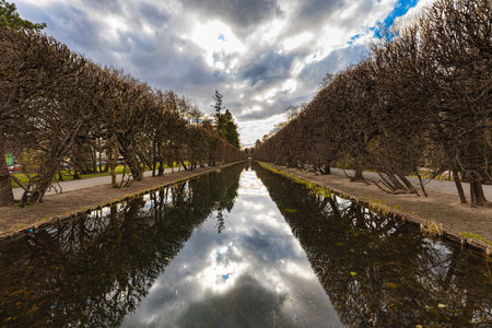 Gdansk, Poland - April 2022: Small narrow long pond full of autumn leaves reflecting sky and high trees on both sidesのeditorial素材