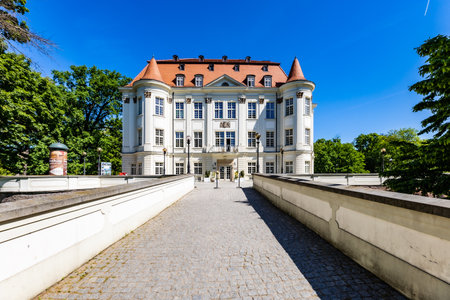 Wroclaw, Poland - May 2022: Beautiful an old castle in Lesnica with a cultural center with exhibitions of works by Polish artists and illustrators with colorful park aroundのeditorial素材