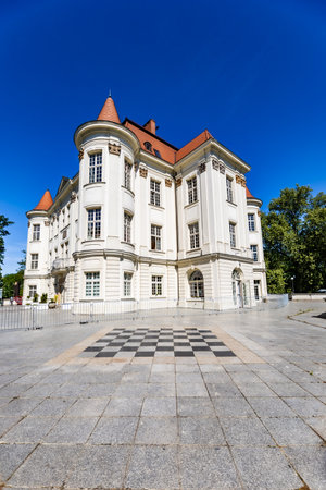 Wroclaw, Poland - May 2022: Beautiful an old castle in Lesnica with a cultural center with exhibitions of works by Polish artists and illustrators with colorful park aroundのeditorial素材