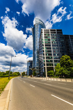 Warsaw, Poland - July 2022: A corporate district with many tall glass office buildings in the Warsaw Spire areaのeditorial素材