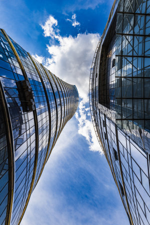 Warsaw, Poland - July 2022: A corporate district with many tall glass office buildings in the Warsaw Spire areaのeditorial素材