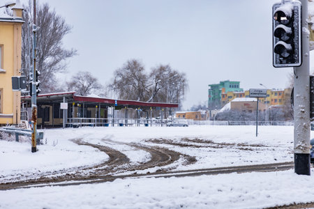 Klodzko, Poland - January 2023: Empty bus station in Klodzko city full of fresh snow at winterのeditorial素材
