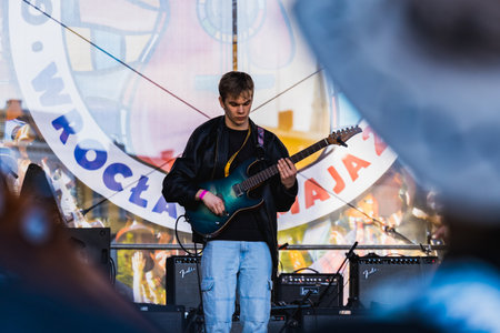 Wroclaw, Poland - May 1 2023: Artists and guitarists at main stage at open event Guitar Guinness...