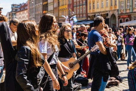Wroclaw, Poland - May 1 2023: Participants with guitars at open event Guitar Guinness World Record...