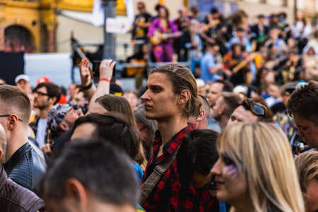 Wroclaw, Poland - May 1 2023: Participants with guitars at open event Guitar Guinness World Record...