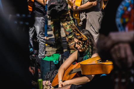 Wroclaw, Poland - May 1 2023: Participants with guitars at open event Guitar Guinness World Record...