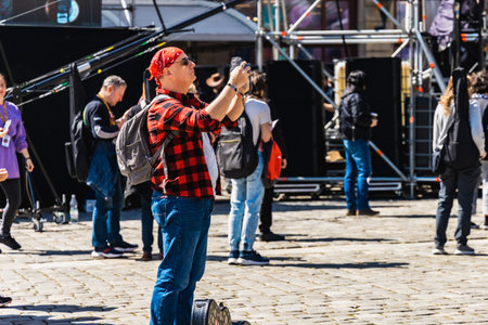 Wroclaw, Poland - May 1 2023: Participants with guitars at open event Guitar Guinness World Record...