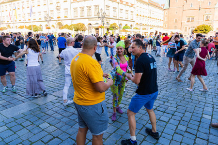 Wroclaw, Poland - July 2 2023: A lot of people dancing Rueda de Casino open event at market squareのeditorial素材