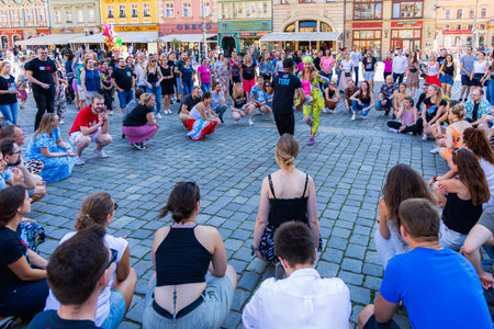 Wroclaw, Poland - July 2 2023: A lot of people dancing Rueda de Casino open event at market square