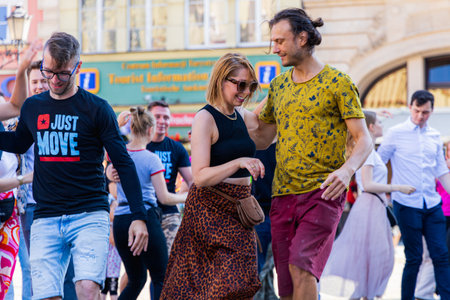 Wroclaw, Poland - July 2 2023: A lot of people dancing Rueda de Casino open event at market squareのeditorial素材