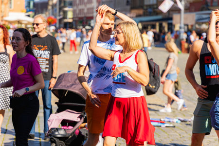 Wroclaw, Poland - July 2 2023: A lot of people dancing Rueda de Casino open event at market squareのeditorial素材