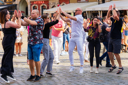 Wroclaw, Poland - July 2023: A lot of people dancing Rueda de Casino open event at market squareのeditorial素材