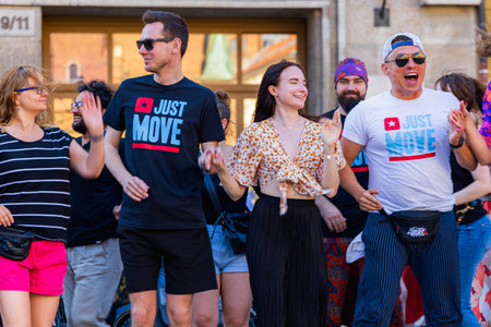 Wroclaw, Poland - July 2 2023: A lot of people dancing Rueda de Casino open event at market squareのeditorial素材
