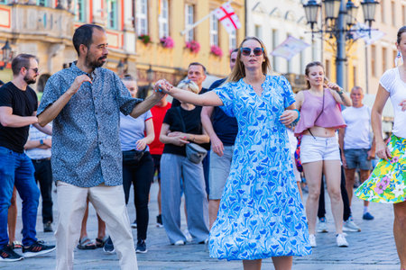 Wroclaw, Poland - July 2 2023: A lot of people dancing Rueda de Casino open event at market squareのeditorial素材