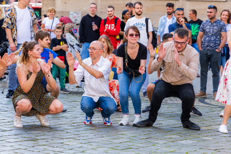 Wroclaw, Poland - July 2023: A lot of people dancing Rueda de Casino open event at market squareのeditorial素材