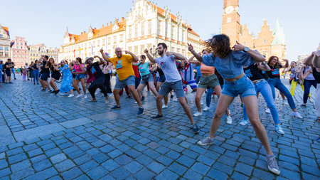 Wroclaw, Poland - July 2 2023: A lot of people dancing Rueda de Casino open event at market squareのeditorial素材