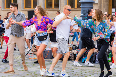 Wroclaw, Poland - July 2023: A lot of people dancing Rueda de Casino open event at market square