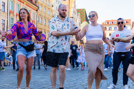 Wroclaw, Poland - July 2 2023: A lot of people dancing Rueda de Casino open event at market square