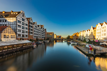 Gdansk, Poland - September 6 2023: Beautiful morning cityscape of old town buildings in Gdansk over...