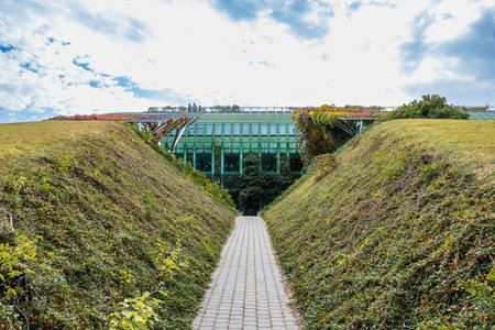 Warsaw, Poland - October 14 2023: Garden of university library with elegant arrangement of flower beds, greenhouses, herb gardens and lawns on the roof of library buildingのeditorial素材