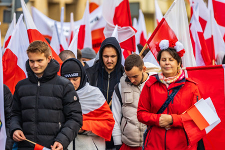 Wroclaw, Poland - November 11 2023: Beautiful and colorful Joyful Independence Parade which walked through Wroclaw city streets at 11 of Novemberのeditorial素材