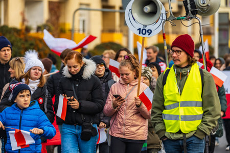 Wroclaw, Poland - November 11 2023: Beautiful and colorful Joyful Independence Parade which walked through Wroclaw city streets at 11 of Novemberのeditorial素材