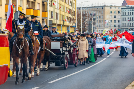 Wroclaw, Poland - November 11 2023: Beautiful and colorful Joyful Independence Parade which walked...
