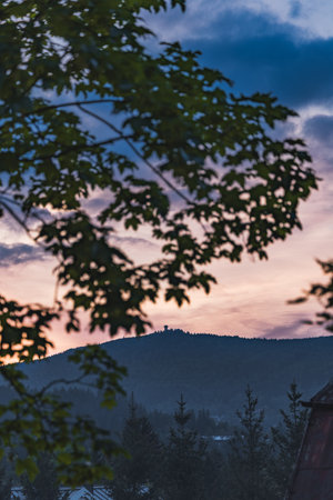 Beautiful pink and golden sunset over top of mountain peak with viewing tower behind tree branchesの写真素材