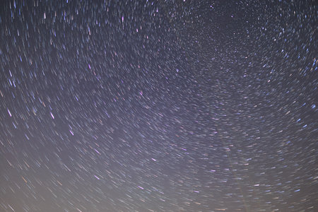 Beautiful startrails at dark night sky over some fields and high trees silhouettes at sky with milky...