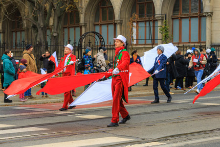 Wroclaw, Poland - November 11 2024: Joyful Independence Day Parade in Wroclaw, Patriotic March with...