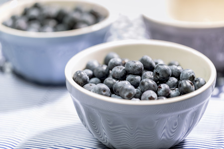 Blueberries in small gray bowl on light blue background - Close upの写真素材