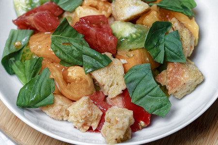 Colorful tomato bread salad with basil in white bowlの写真素材