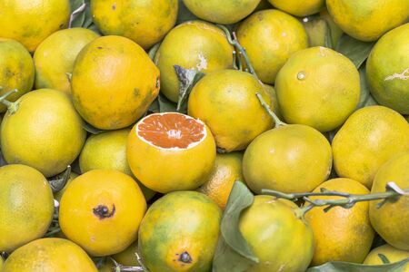 Yellow ripe Sicilian citrus fruits sold on a local market