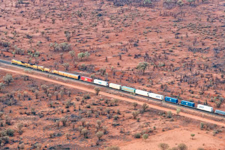 Aerial view of The Ghan Train from Adelaide via Alice Springs to Darwin in the Northern Territory of Australiaの写真素材