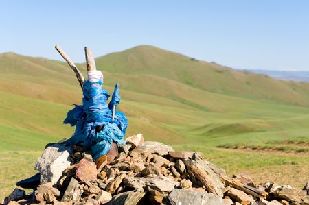 heathen praying stone mound in Mongolian steppeの写真素材
