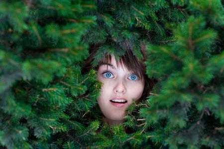 frightened face of young beautiful european girl among firtree branchesの写真素材