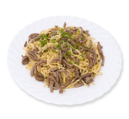 home noodles with meat finely cut on a plate, white backgroundの写真素材