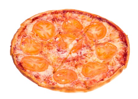 a cut pizza with tomato discsの写真素材