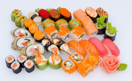 lots of various Japanese sushi and sushi rollsの写真素材
