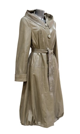 a leather olive green womens balloon coat, isolatedの写真素材