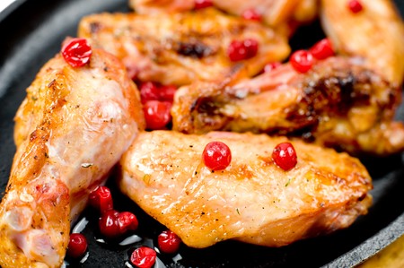 big pieces of grilled chicken, with cranberries, macroの写真素材
