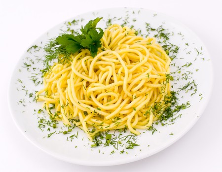 pasta seasoned with butter and fresh dillの写真素材