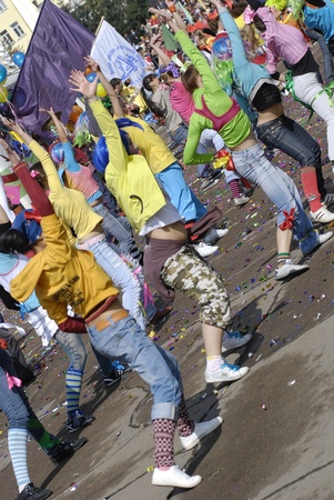 ULAN-UDE, RUSSIA - SEPTEMBER 6: Students of Choreography department of East Siberian Academy of Culture and Arts dance at parade on annual City Day, September 6, 2008 in Ulan-Ude, Buryatia, Russia.のeditorial素材