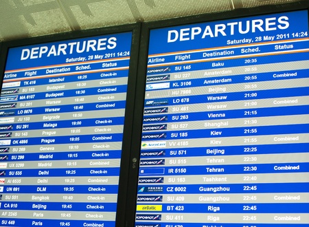 MOSCOW, RUSSIA - MAY 28: A flight timetable at Sheremetyevo. This international airport is now the first in Europe in growth dynamics of passenger traffic, May 28, 2011, Moscow, Russia.のeditorial素材