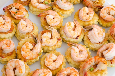 a lot of shrimp snacks on buffet table, cateringの写真素材