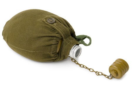 an aluminium canteen  flask  in a khaki coverの写真素材