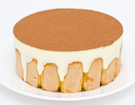 tiramisu on a white plate - a closeup shotの写真素材