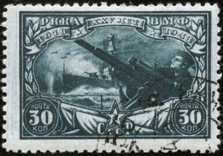 SOVIET UNION - CIRCA 1943  A stamp printed by the Soviet Union Post is entitled  25 years to Navy , circa 1943のeditorial素材