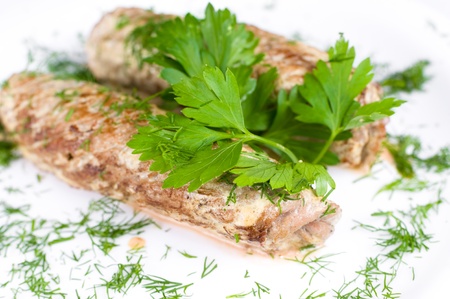 roasted meat rolls stuffed with fern and asparagus, macroの写真素材