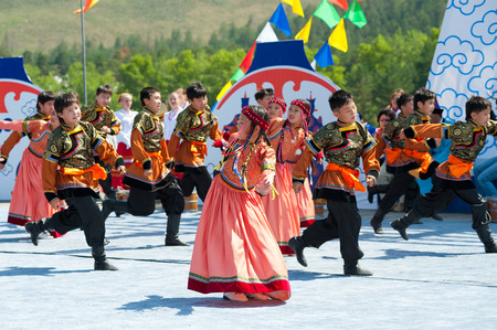 ULAN-UDE, RUSSIA - JULY 17, 2010  Children dancers from the City Palace of Childrens Arts perform a Buryat  Mongol  dance at the opening of the 4th General Session of World Mongolians Convention のeditorial素材